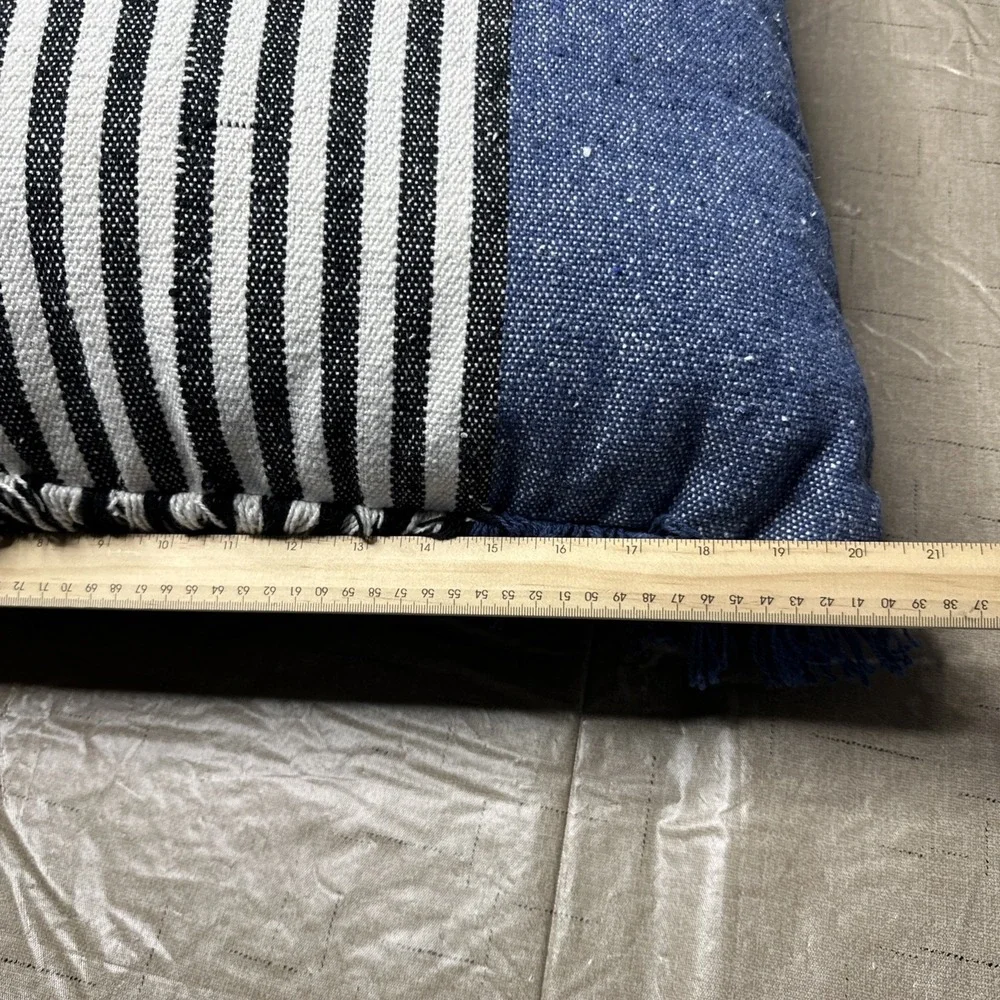 Blue Black Cream Striped Fringe Throw Pillow 20